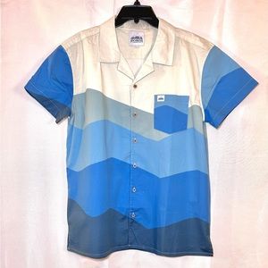 Vintage Men’s Casual Short Sleeve Button Shirt Color Block Blue White Size Large